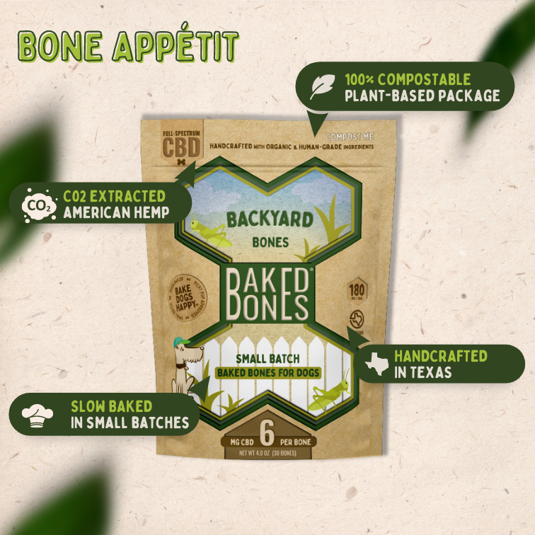 Image of the BakedBones Kraft bag with green bone labeled "BACKYARD BONES," and highlights the plant-based packaging as compostable, handcrafted in Texas, slow baked in small batches, and CO2 extracted American hemp.  "Bone Appetit!"