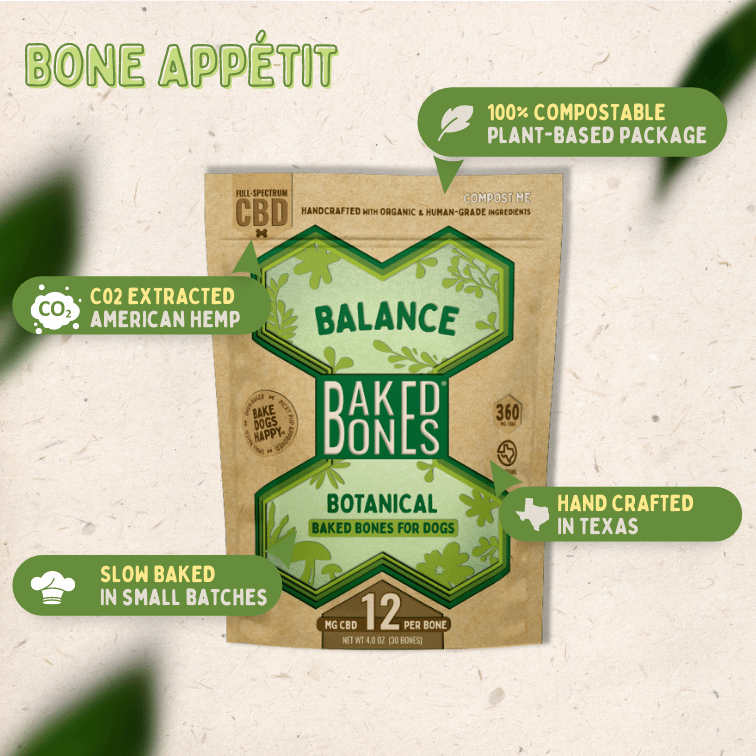 Image of the BakedBones Kraft bag with green bone labeled 