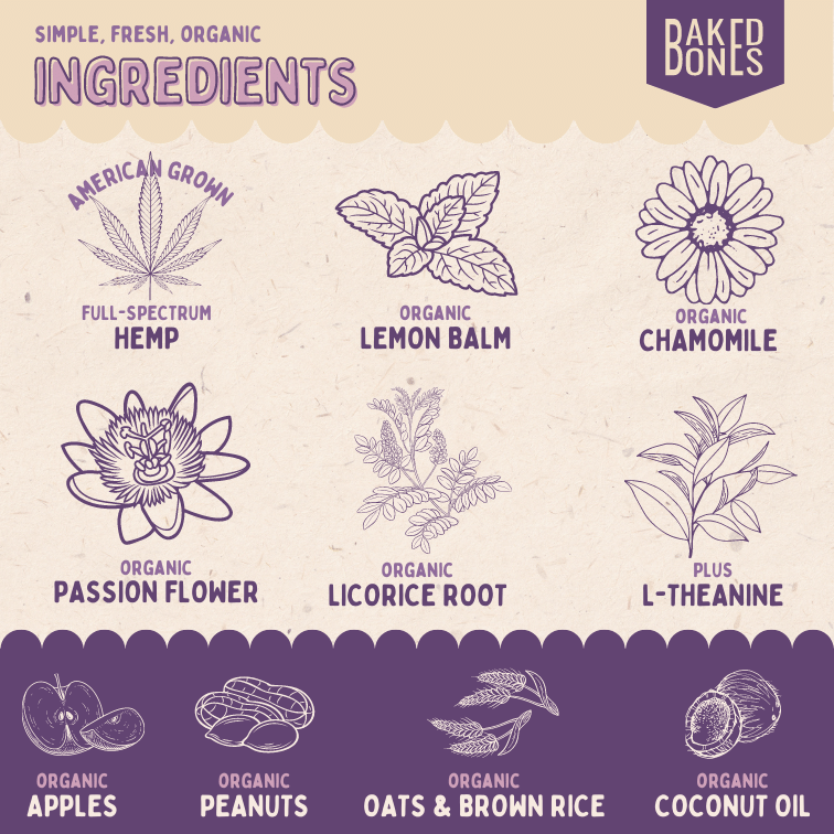 This image displays illustrations for each of the simple, fresh, organic ingredients in the Calming CBD bones: American grown full-spectrum hemp, organic lemon balm, organic chamomile, organic Passion flower, organic licorice root, l-theanine, organic apples, organic peanuts, organic oats, organic brown rice, and organic coconut oil