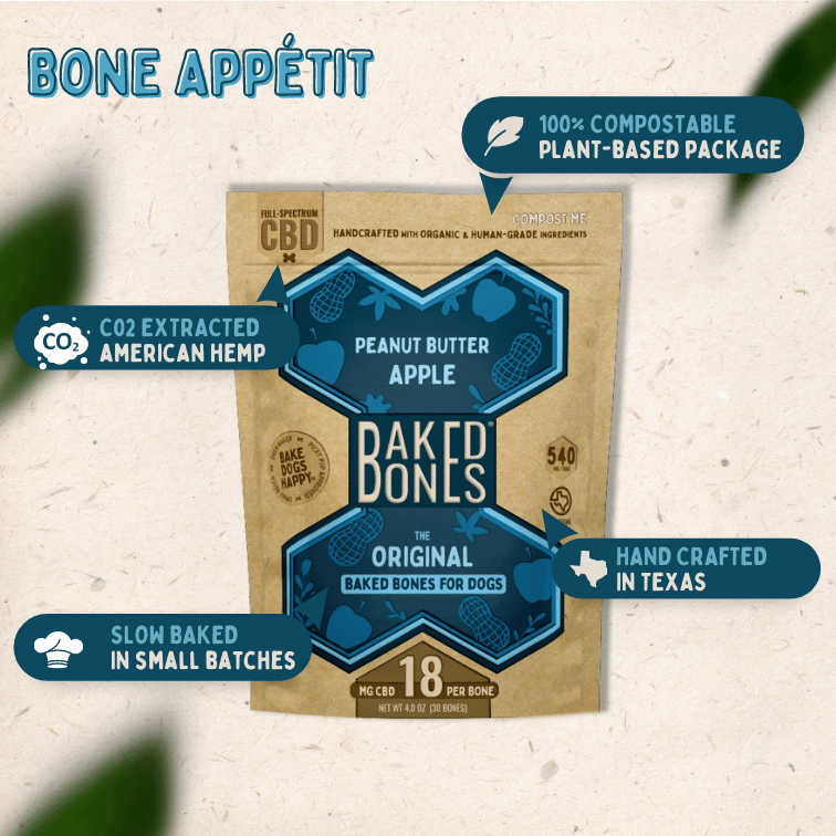 Image of the BakedBones Kraft bag with blue bone labeled "Peanut Butter Apple," and highlights the plant-based packaging as compostable, handcrafted in Texas, slow baked in small batches, and CO2 extracted American hemp.  "Bone Appetit!"