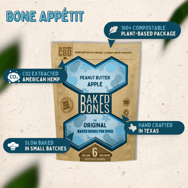 Image of the BakedBones Kraft bag with blue bone labeled "Peanut Butter Apple," and highlights the plant-based packaging as compostable, handcrafted in Texas, slow baked in small batches, and CO2 extracted American hemp.  "Bone Appetit!"