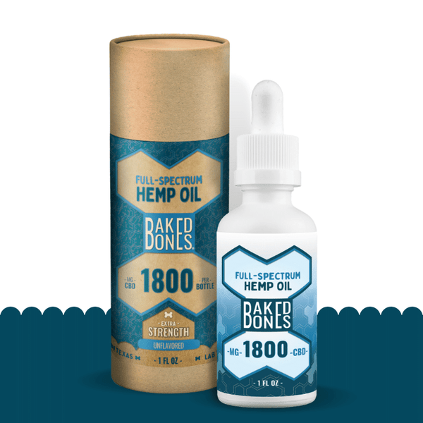 A white bottle with a blue and white label indicating that it contains 1800 mg of full-spectrum CBD oil for dogs, sitting in front of its packaging, which is a kraft tube with a blue and white label indicating “full spectrum hemp oil for dogs containing 1800mg of CBD.”