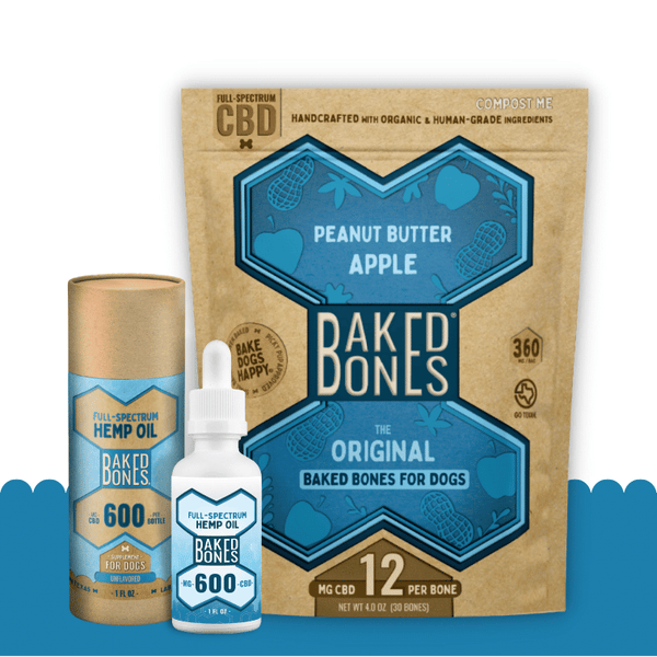 Image of a kraft bag with a large blue bone next to a small white tincture bottle and a cardboard tube of the same size.  The bag is labeled “PEANUT BUTTER APPLE,” “BAKEDBONES,” “THE ORIGINAL BAKED BONES FOR DOGS,” and “12 MG CBD PER BONE.”  The tincture bottle and tincture tube are labeled “FULL-SPECTRUM HEMP OIL,” “BAKEDBONES,” and “600 MG CBD.”