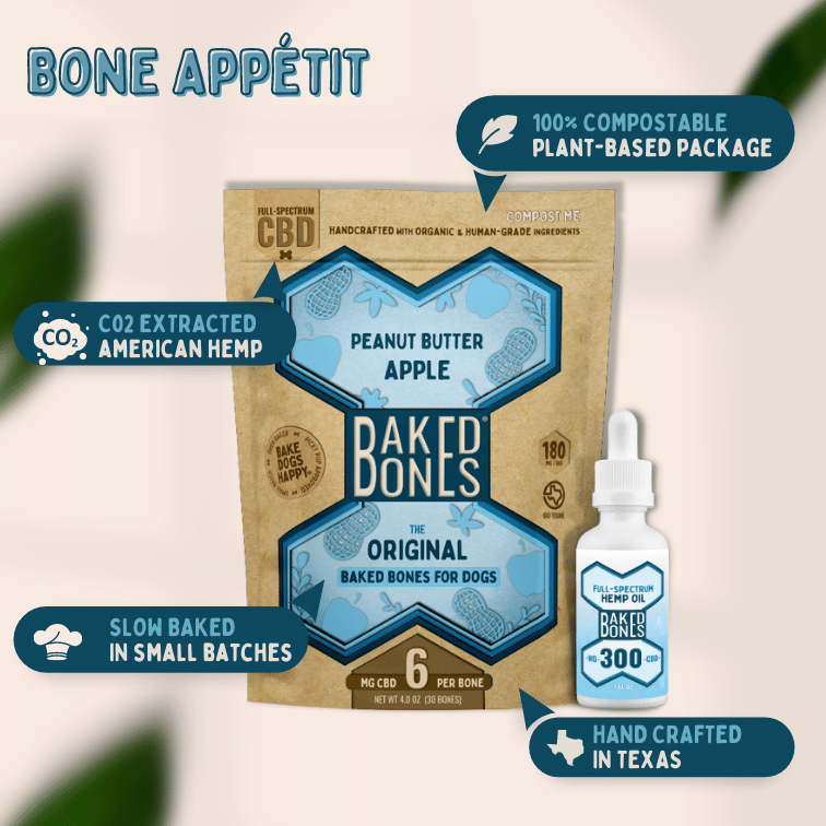 Image of the BakedBones Kraft bag with blue bone labeled "Peanut Butter Apple," and highlights the plant-based packaging as compostable, handcrafted in Texas, slow baked in small batches, and CO2 extracted American hemp.  "Bone Appetit!"