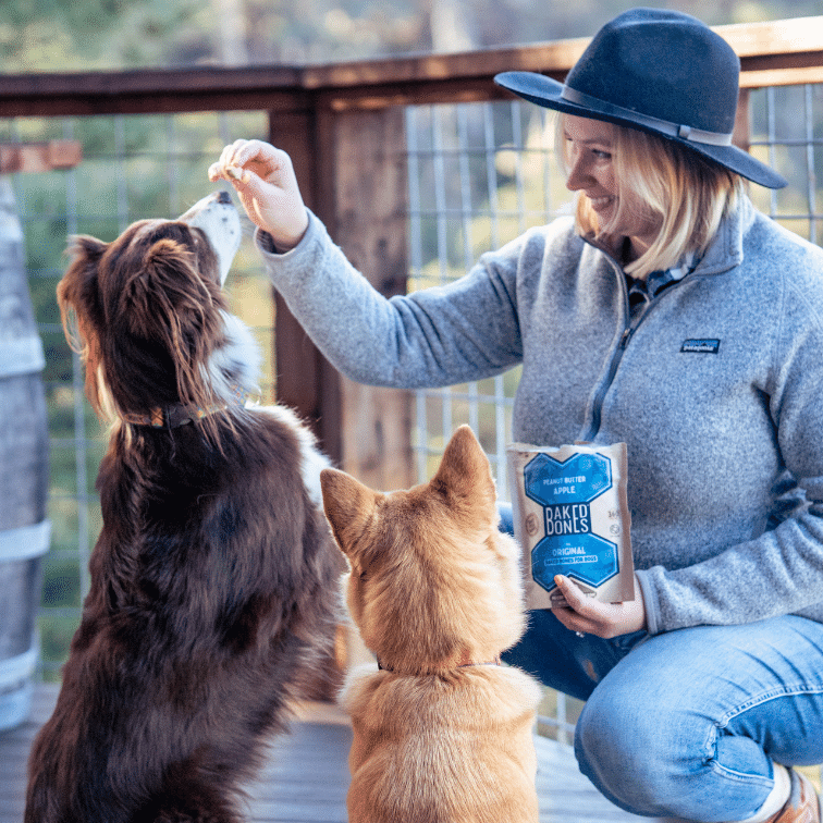 A blonde woman in jeans, a grey sweater, and a black wide-brimmed hat is holding a bag of BakedBones and giving a bone to one of the two dogs sitting in front of her.  One dog is a long-haired dark brown dog and the other is a short-haired light brown dog